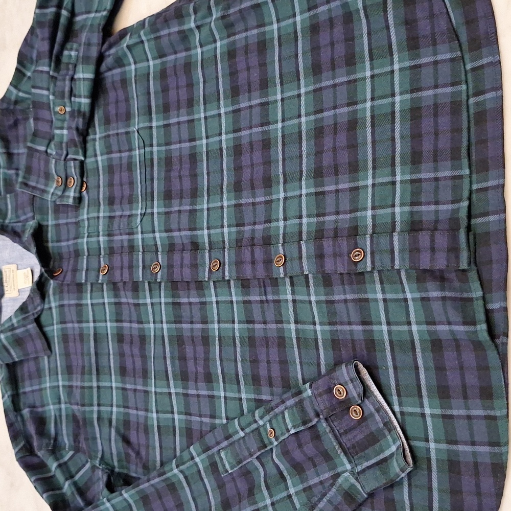 L.L. Bean Tartan Plaid Denim Flip Cuff Mens Casual Green Blue Flannel Shirt Sz L - Picture 7 of 8